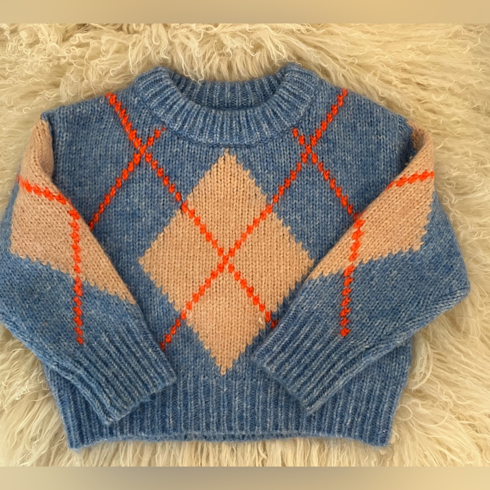 Girls Zara argyle sweater.  Blue and peach.  Size 6-7